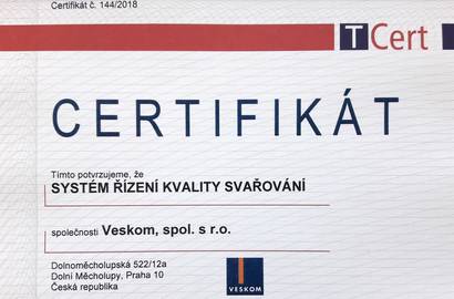 Obnovený certifikát – Systém řízení kvality svařování